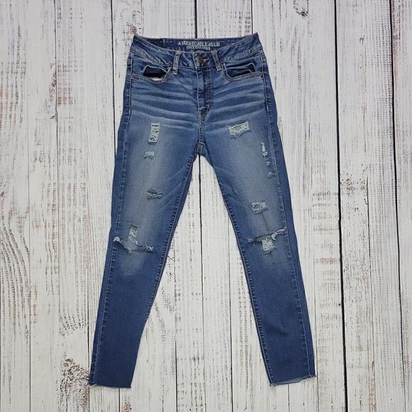 American Eagle Women's Size 6 Hi-Rise Jegging Distressed Dark Wash Skinny Jeans - Picture 1 of 10